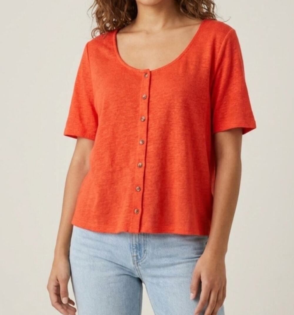 Boden Orange 100% Linen Button Front Scoop Neck Tee Top Size 6
